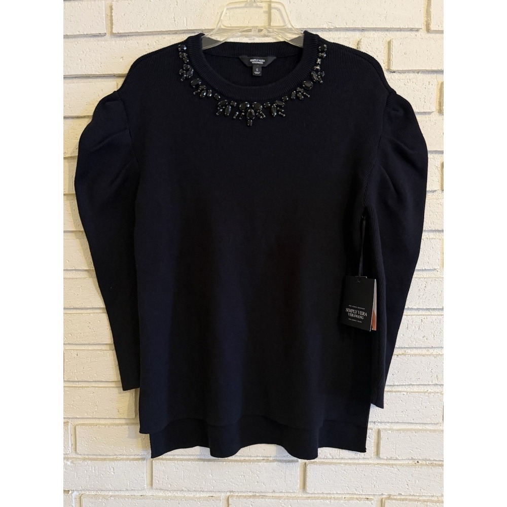Simply Vera Wang Sz Small Black Sweater‎ Beaded Neckline- Puff Shoulders NEW